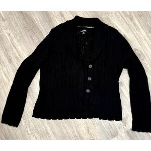 Nations Black Cable Knit Button Front Cardigan Sweater XL Scalloped Hem‎